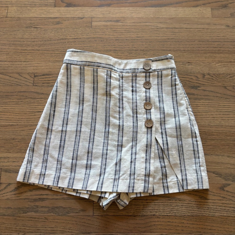 Zara Womens XS White Navy Blue Striped Button Front Skort Cotton Shorts